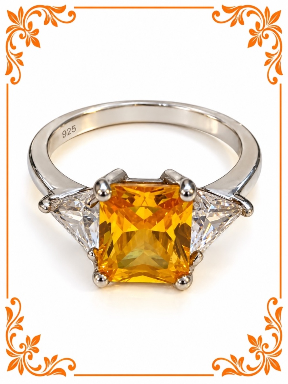 CITRINE and CZ Yellow Square-Cut Three-Stone Cocktail Ring stamped 925 w/mark